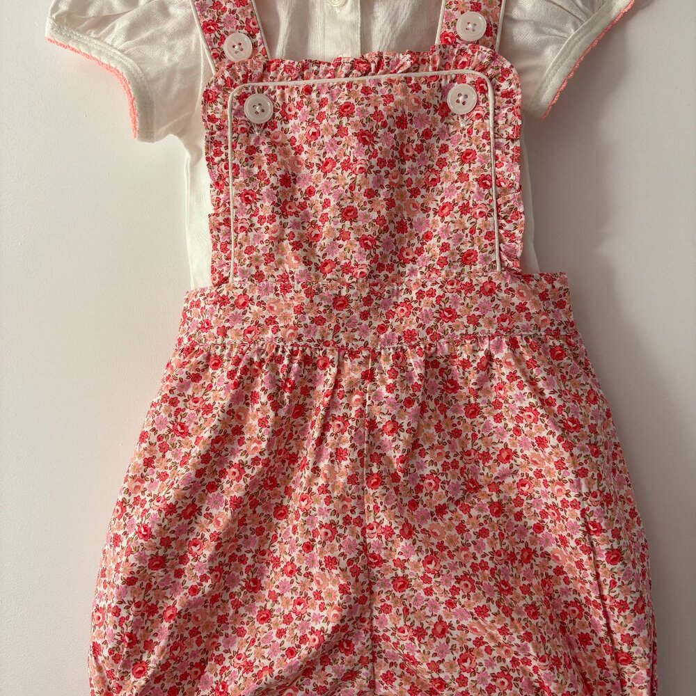 Rachel Riley Floral Frill Dungarees Set Overalls in Pink and Red, 6M, NWT